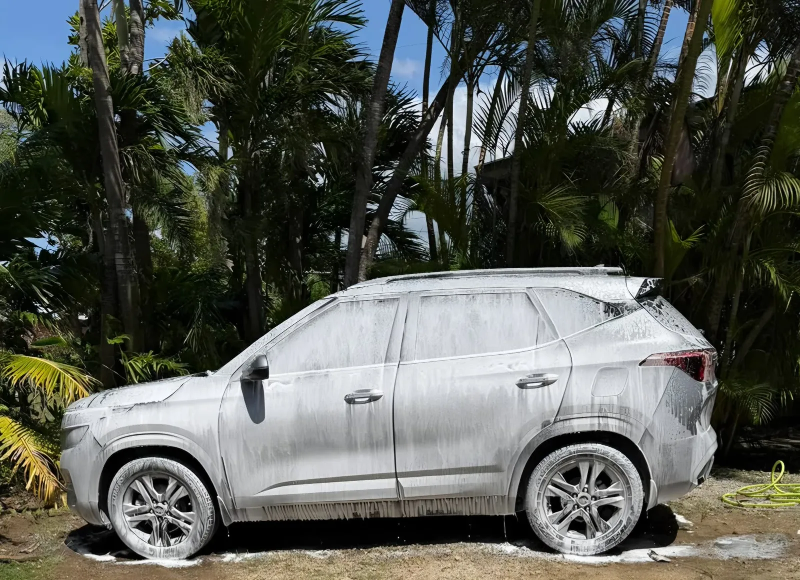 SUV covered in detailing foam